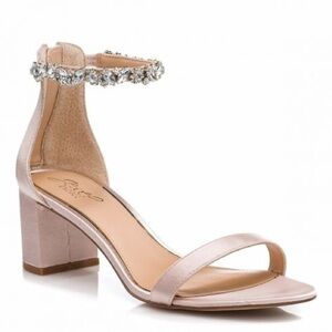 Jewel Badgley Mischka Catalina Block Heel Sandal Jewel Ankle Strap Satin Sz 8